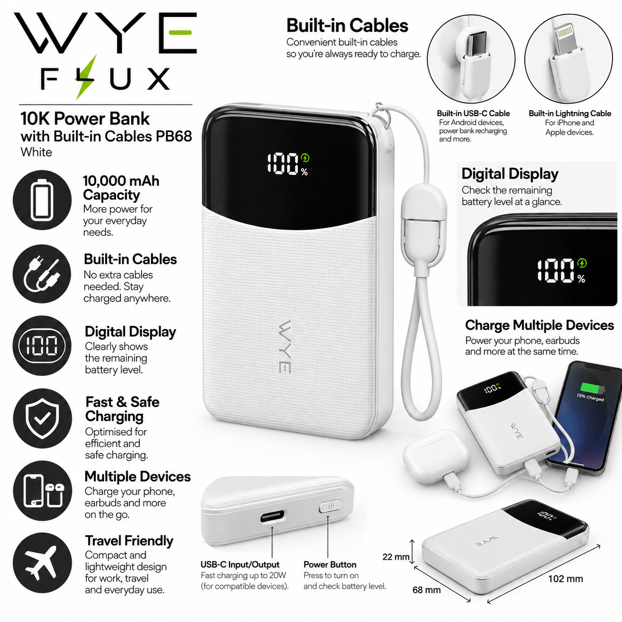 10K Power Bank With Built-in Cables PB68 - White