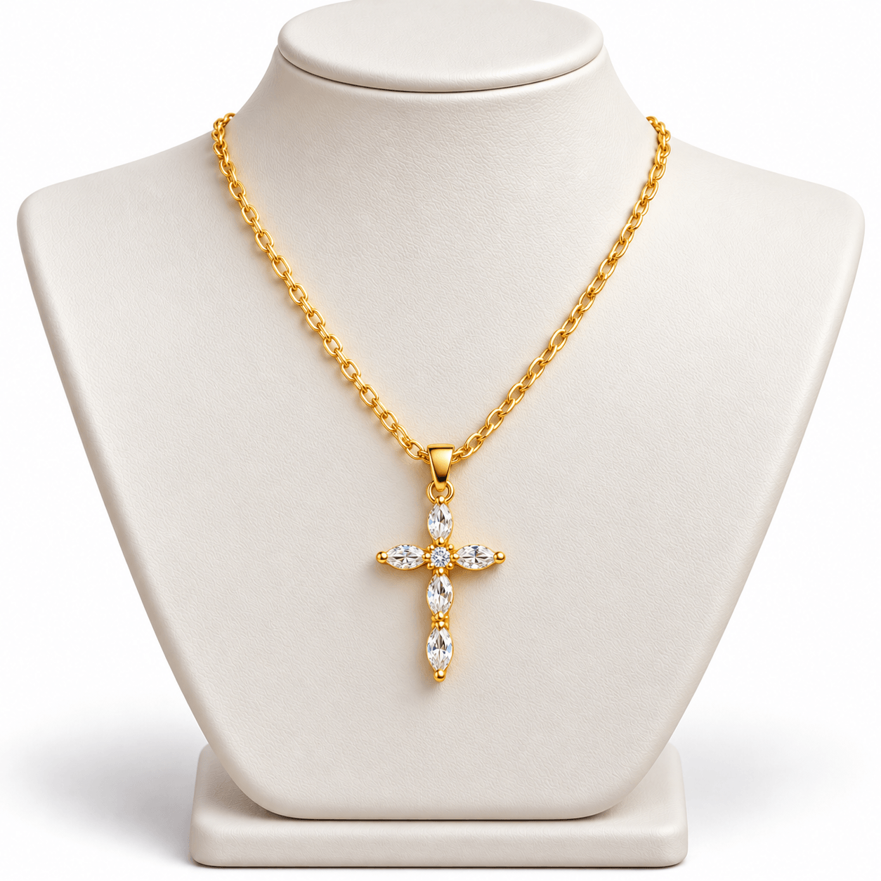 Gold Crystal Cross Elegant Marquise-Cut Gemstone Cross with Gold Chain