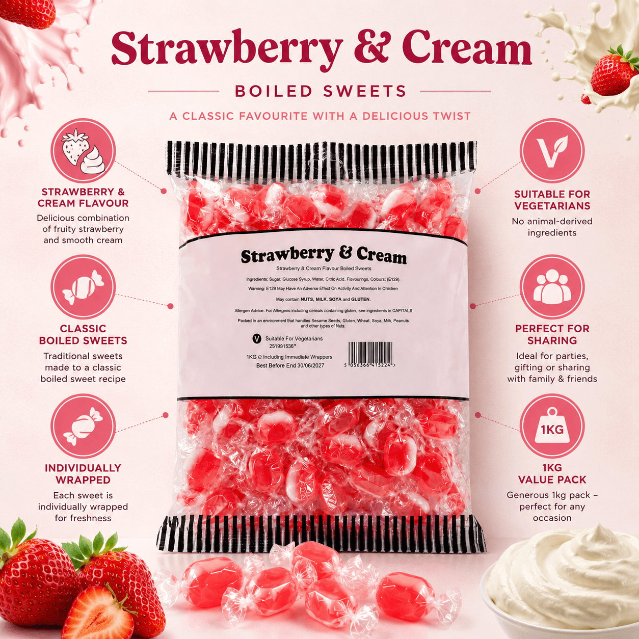 Strawberry & Cream Boiled Sweets 1kg