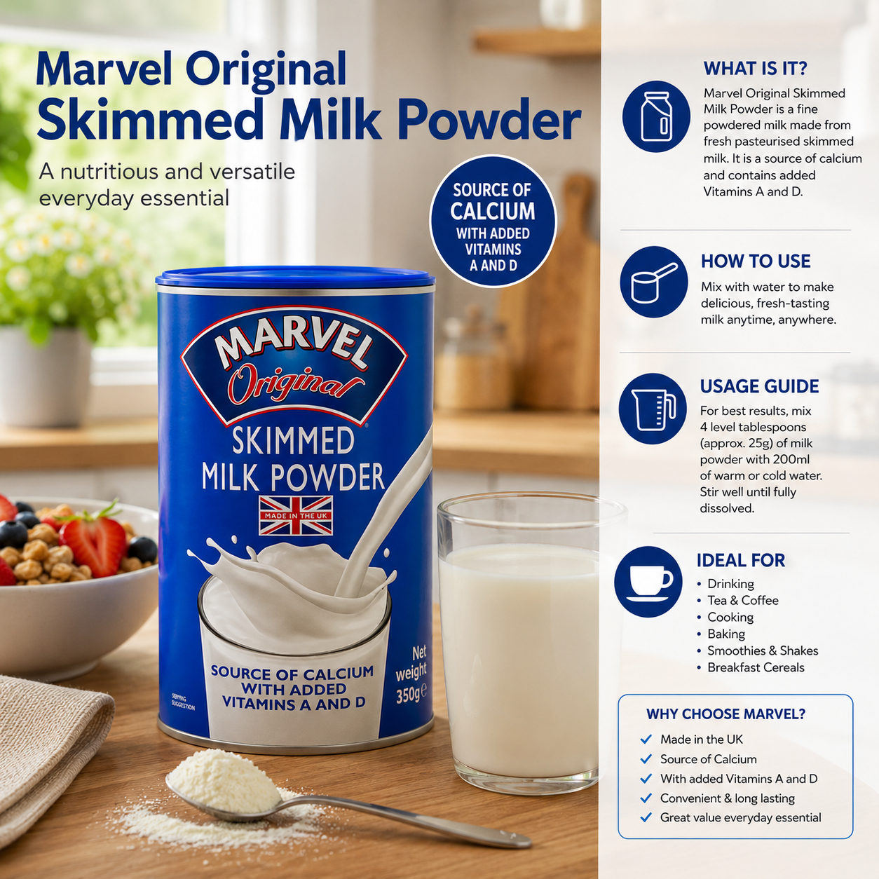 Marvel Original Skimmed Milk Powder Instant Dried Skimmed Milk 350g