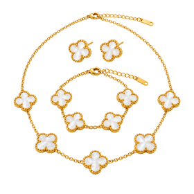Clover Necklace, Bracelet & Earrings Stainless Steel Set Gold/White