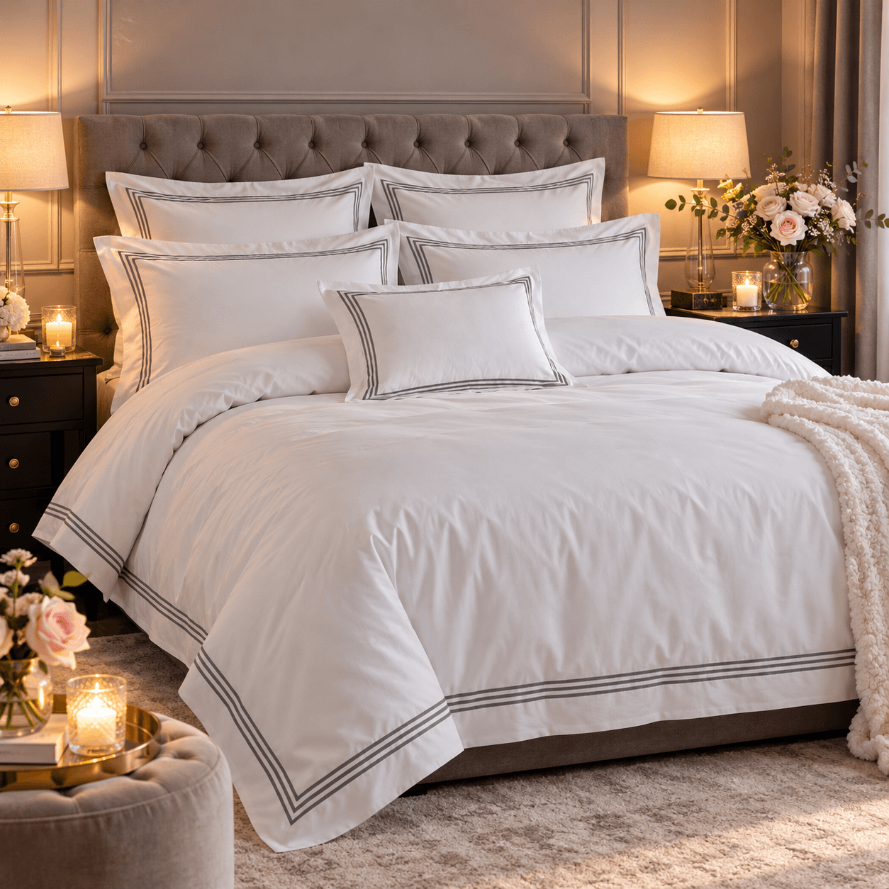 Devore King Size Duvet Cover Set White Grey