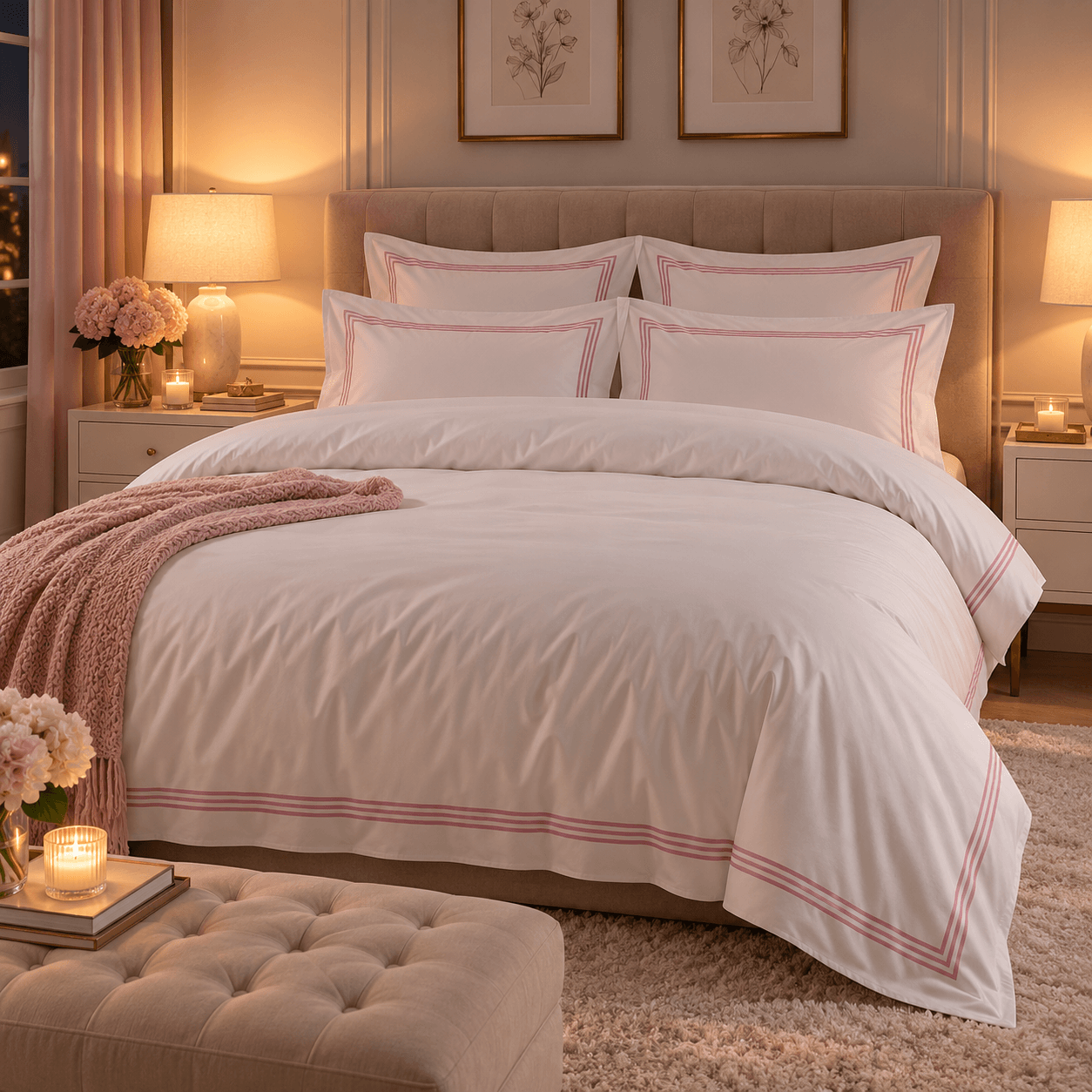 Devore King Duvet Cover Set White & Pink