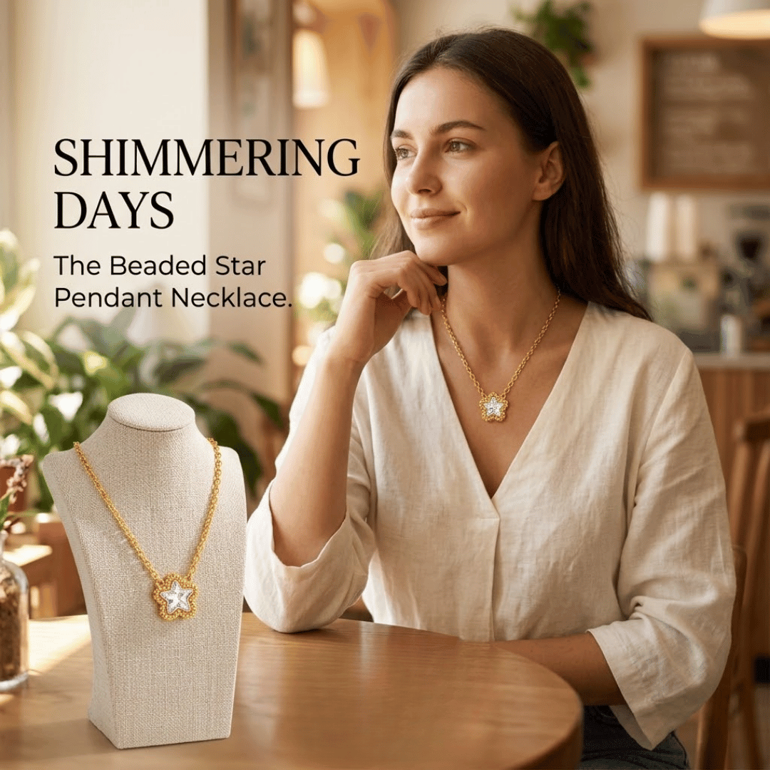 Gold-Tone Crystal Star Pendant Necklace with Beaded Border