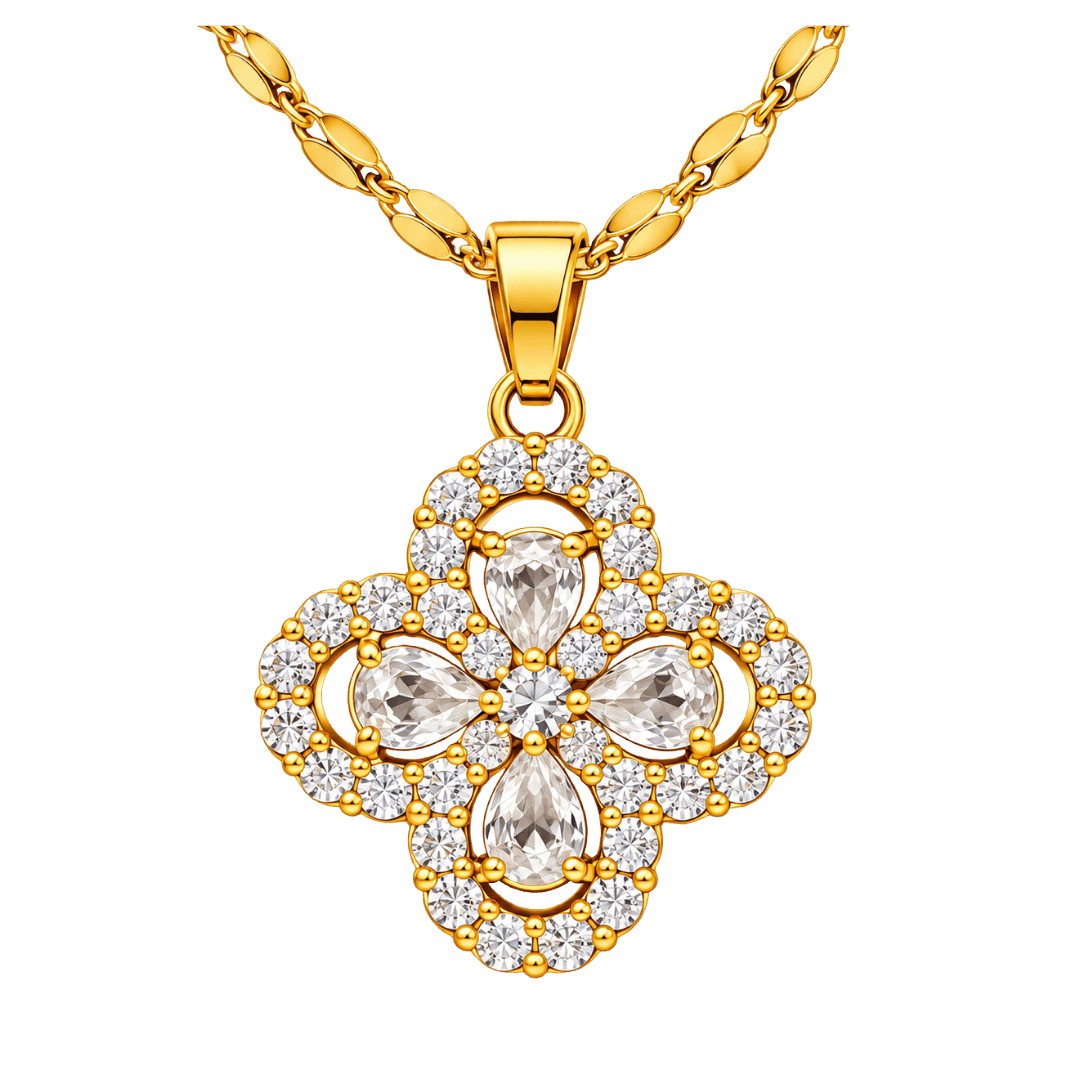 Gold-Tone Four-Petal Floral Pendant Necklace with Clear Crystal Stones & Sparkling Halo Detail
