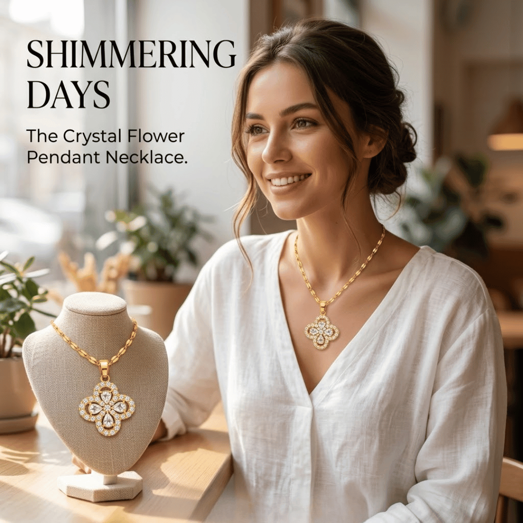 Gold-Tone Four-Petal Floral Pendant Necklace with Clear Crystal Stones & Sparkling Halo Detail