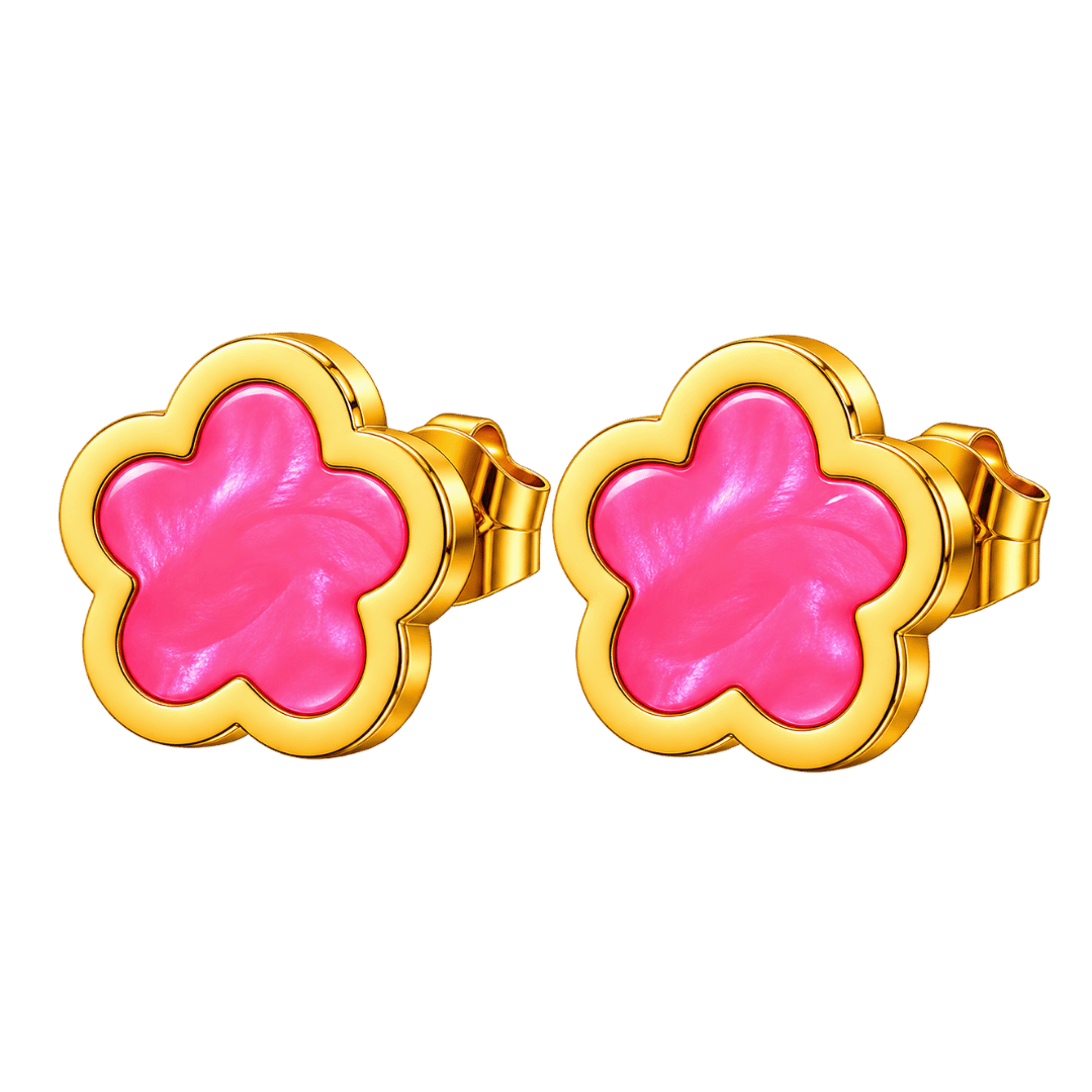 Gold-Tone Hot Pink Flower Stud Earrings Glossy Five-Petal Floral Design