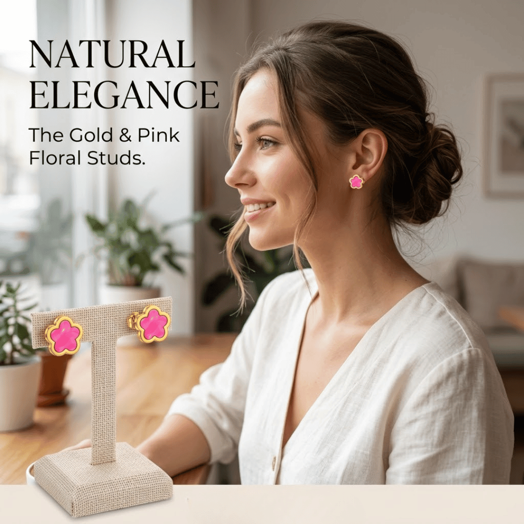 Gold-Tone Hot Pink Flower Stud Earrings Glossy Five-Petal Floral Design