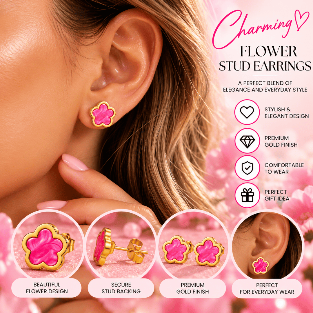 Gold-Tone Hot Pink Flower Stud Earrings Glossy Five-Petal Floral Design