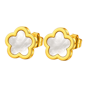 Gold-Tone White Mother-of-Pearl Flower Stud Earrings Five-Petal Floral Design