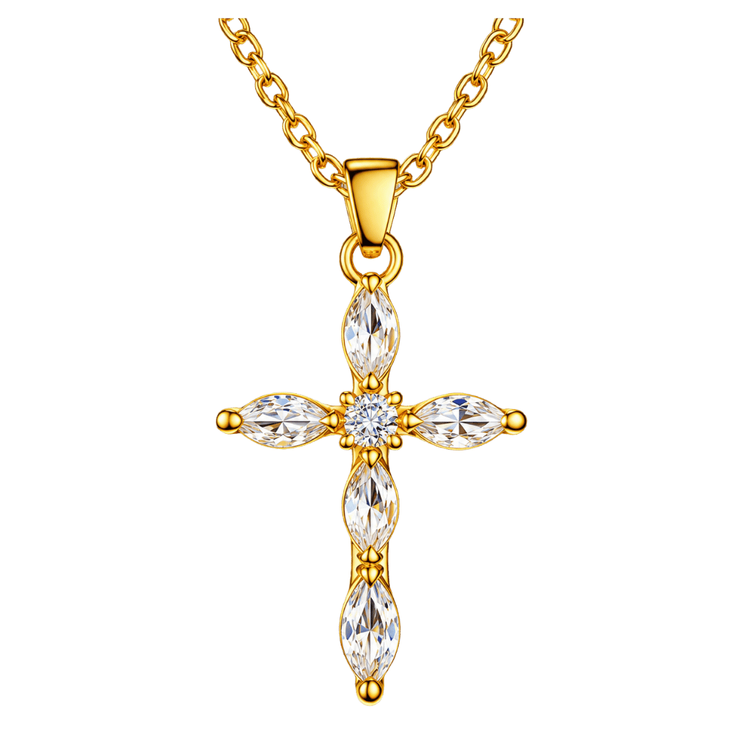 Gold Crystal Cross Elegant Marquise-Cut Gemstone Cross with Gold Chain