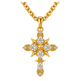 Gold Crystal Cross Pendant Ornate Starburst Cross with Sparkling Gemstones & Gold Chain