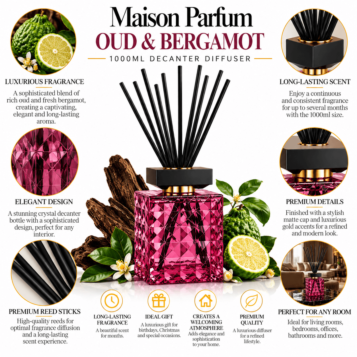 Maison Parfum Oud & Bergamot 1000ml Decanter Diffuser