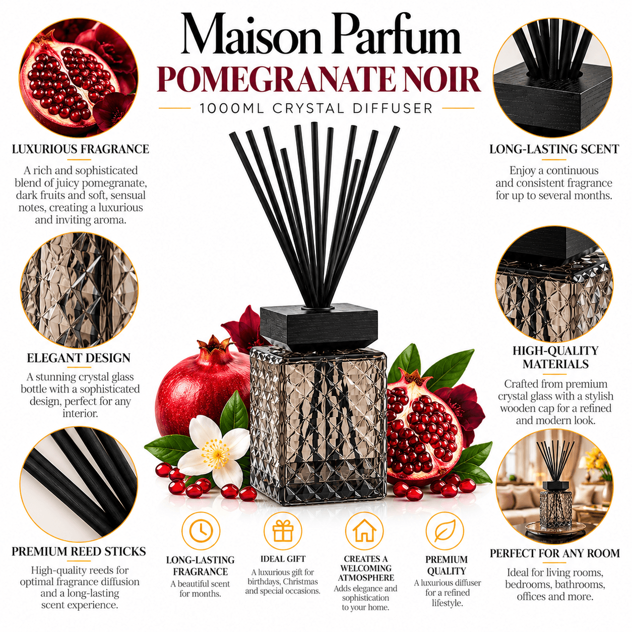 Maison Parfum Pomegranate Noir 1000ml Crystal Diffuser