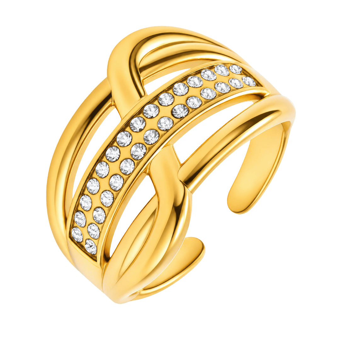 PVD Gold-Plated Stainless Steel Crystal Statement Ring Size 8