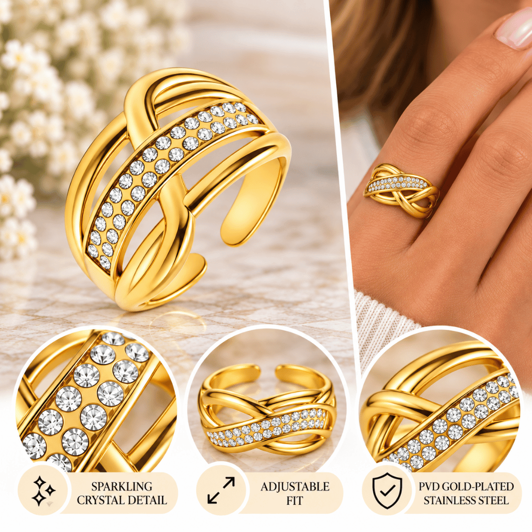 PVD Gold-Plated Stainless Steel Crystal Statement Ring Size 8