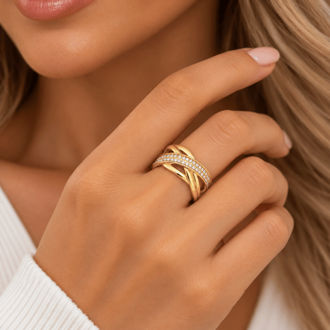 PVD Gold-Plated Stainless Steel Crystal Statement Ring Size 8