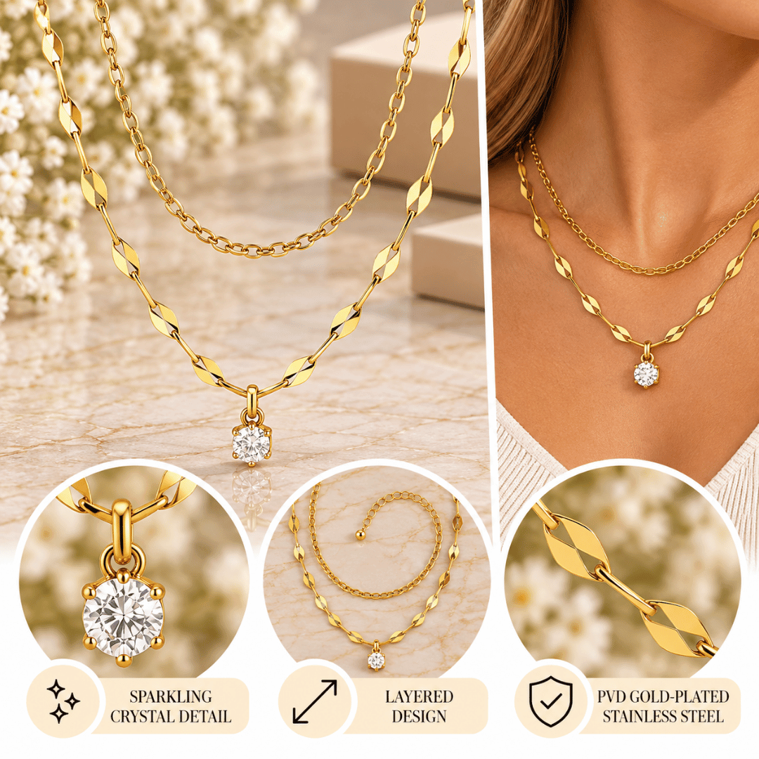 PVD Gold-Plated Stainless Steel Double Crystal Band Pendant Necklace