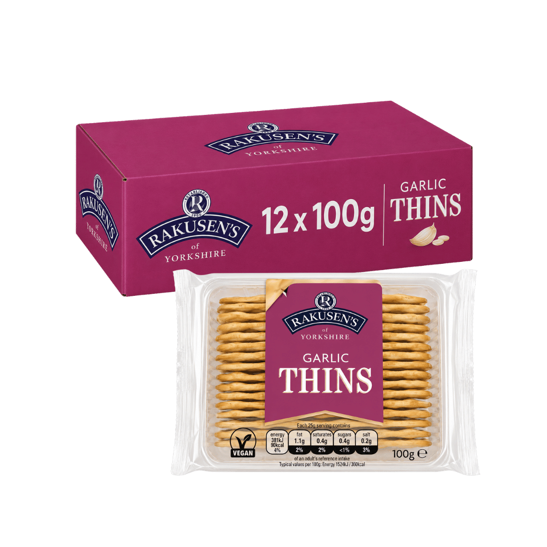 Rakusen's Garlic Thins Crispy Savoury Crackers 12 x 100g