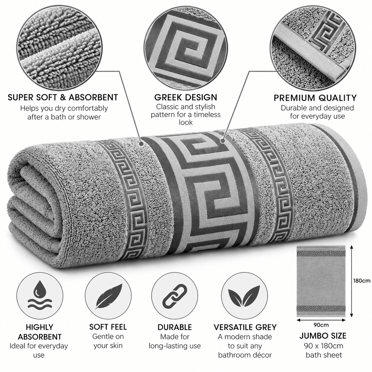 Regent Greek Jumbo Bath Sheets – Grey 90 x 180cm