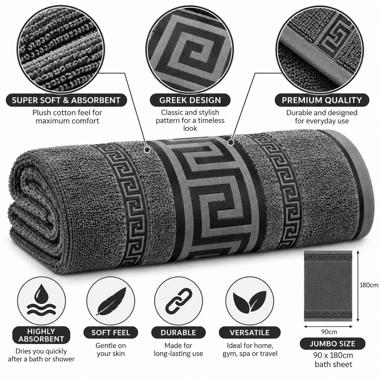 Regent Greek Jumbo Bath Sheets – Charcoal 90 x 180cm