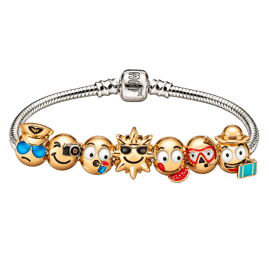 Silver Charm Bracelet with 7 Gold Emoji Face Charms Fun Colourful Smiley Jewellery