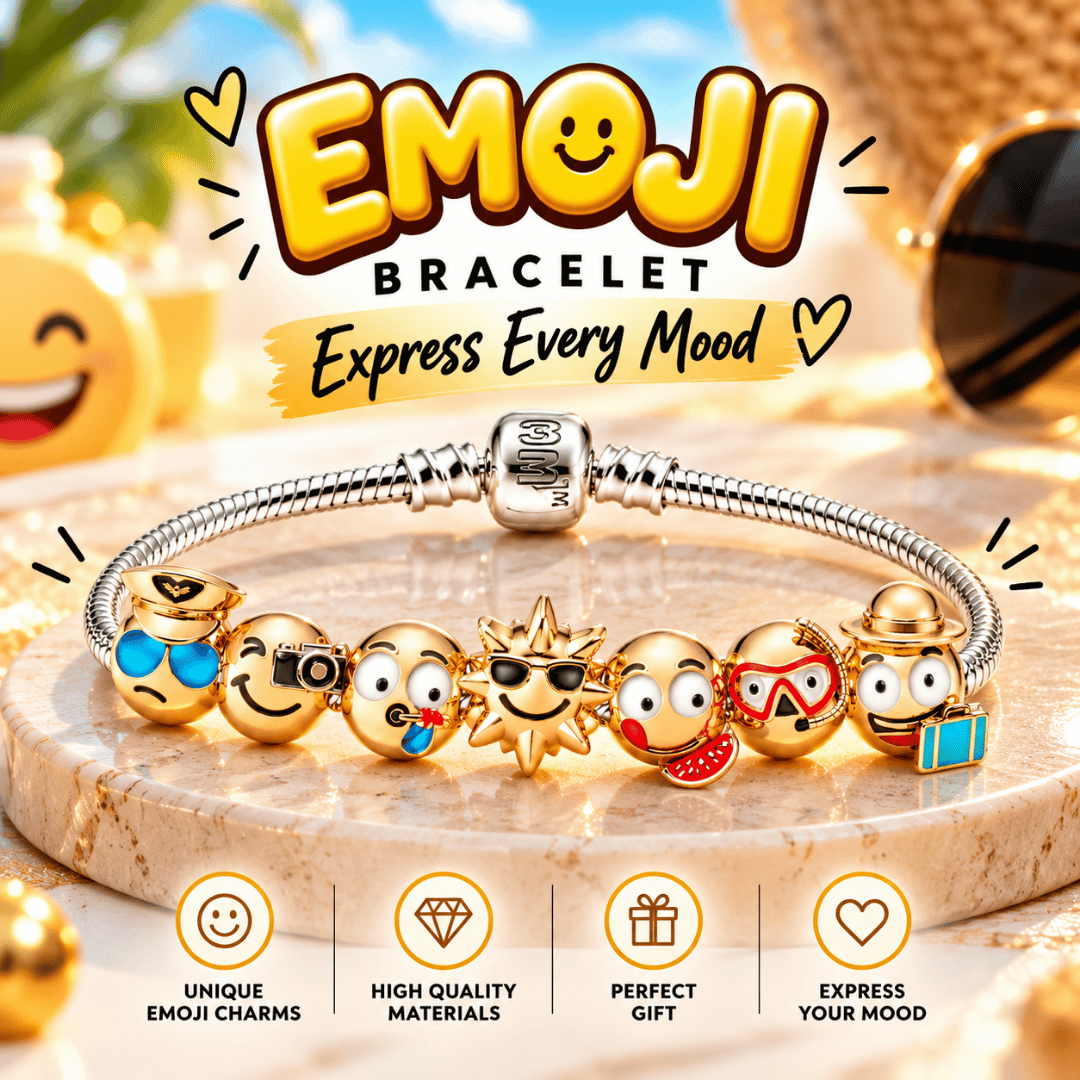 Silver Charm Bracelet with 7 Gold Emoji Face Charms Fun Colourful Smiley Jewellery