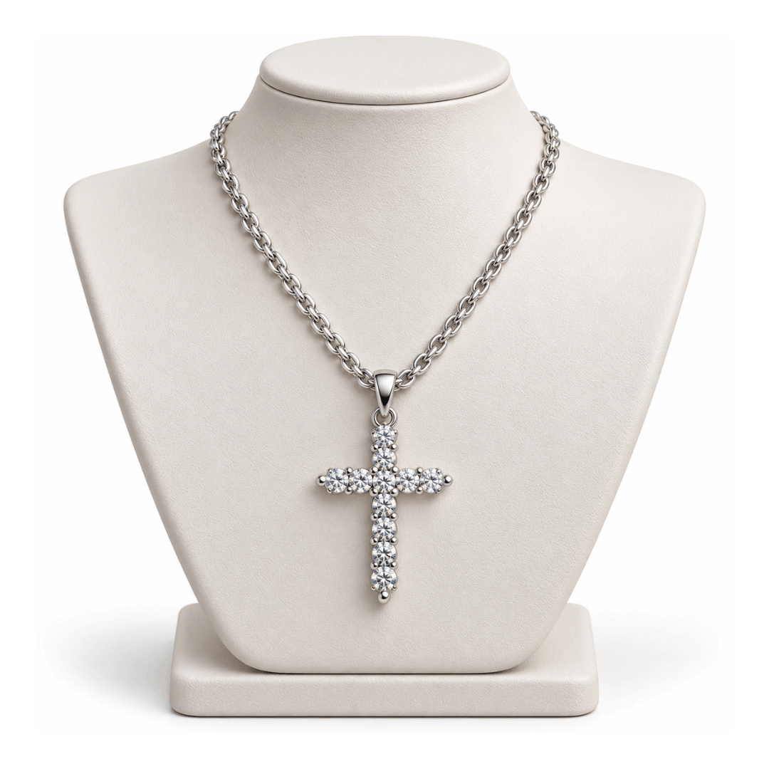 Silver Crystal Cross Pendant Necklace with Fine Chain