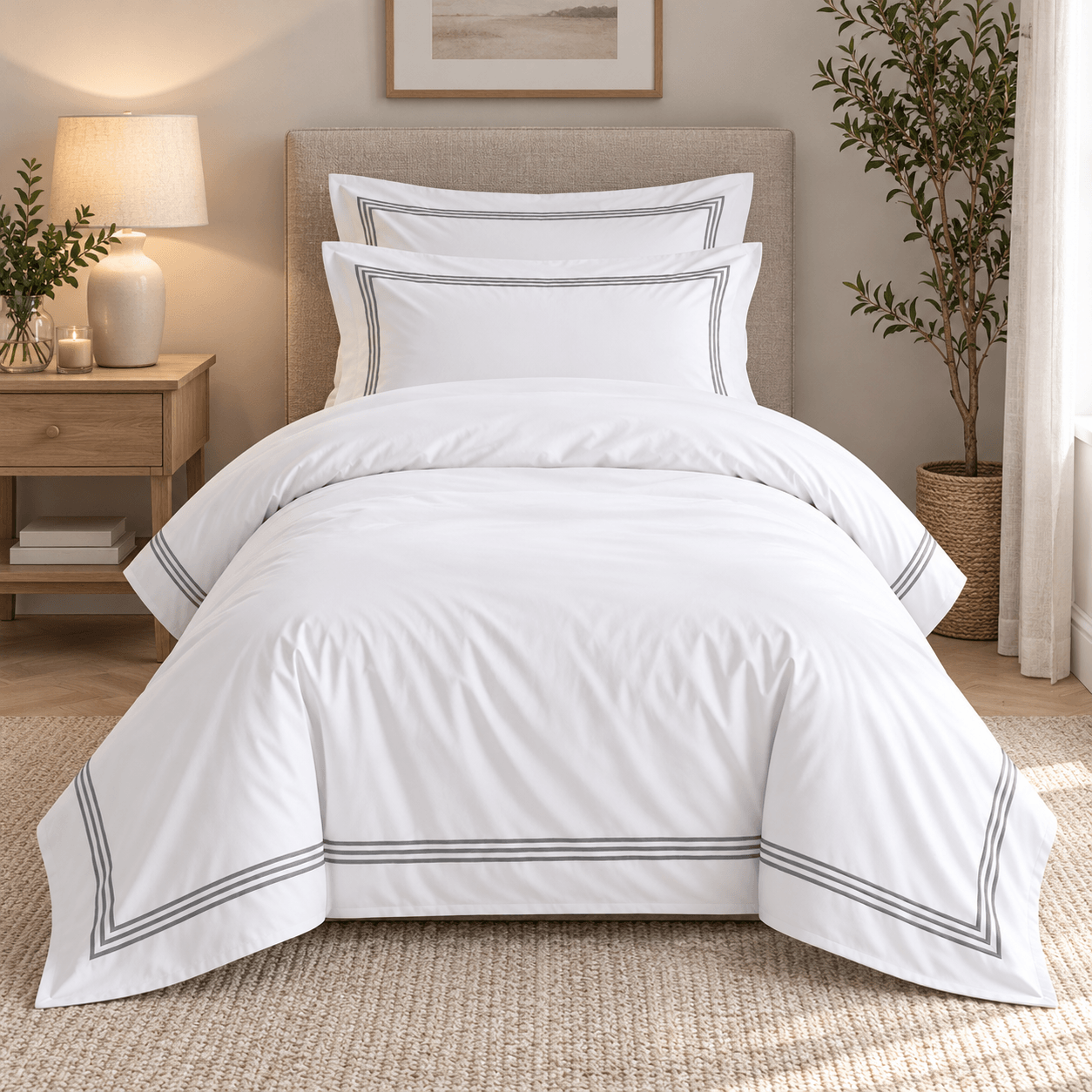 Devore White & Charcoal Border Single Duvet Cover Set