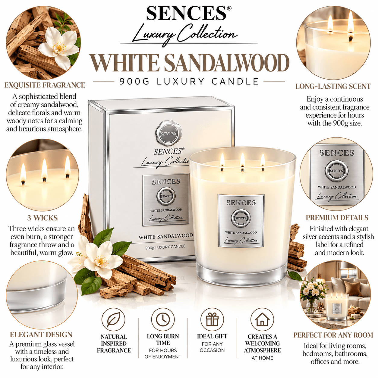 Sences White Sandalwood 900g Luxury Collection Candle